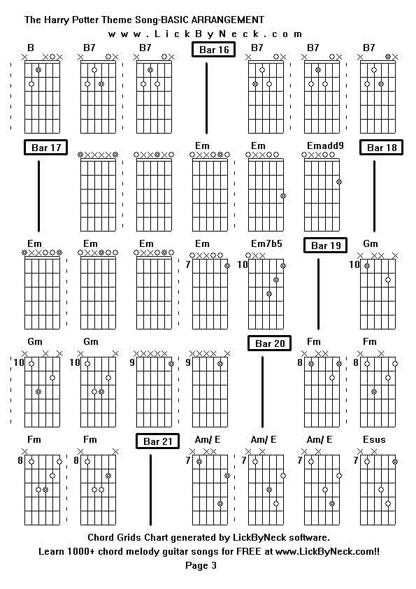 Chord Grids Chart of chord melody fingerstyle guitar song-The Harry Potter Theme Song-BASIC ARRANGEMENT,generated by LickByNeck software.